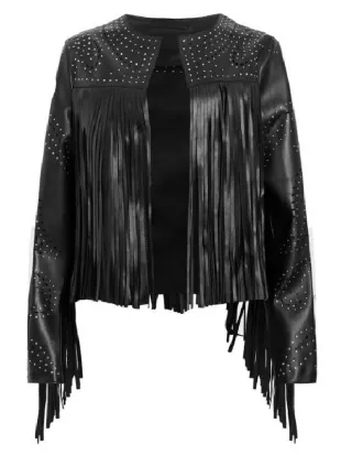 The Voice S28 Reba McEntire Black Embellished Fringed Leather Jacket