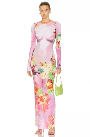 Printed Body Flowers Long Sleeve Dress