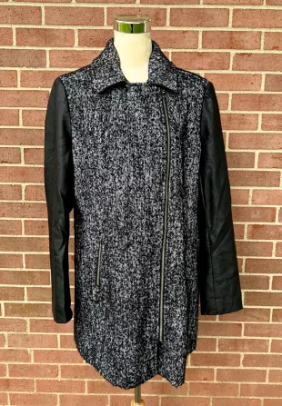 Tweed Black & White Coat with Faux Vegan Leather Sleeves