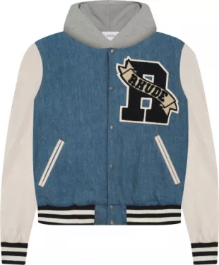 Blue Denim & Grey Hooded Varsity Jacket