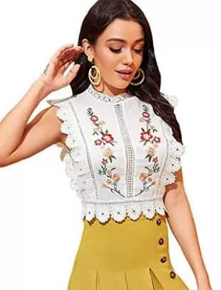 Mexican Embroidered Outfit Mock Neck Lace Boho Work Fitted Blouse