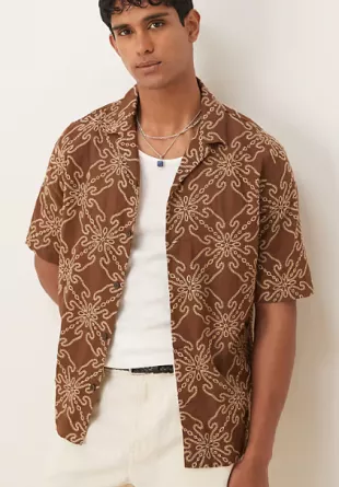 Cotton Mix Embroidered Design Shirt in Rust