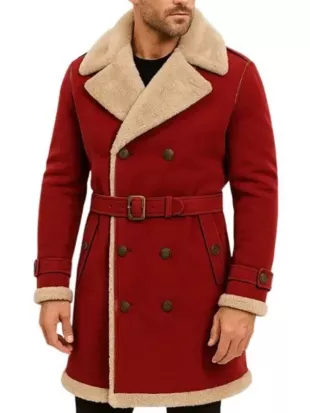 Christmas Red Shearling Belted Trench Coat