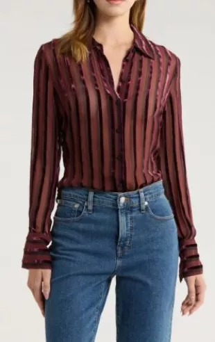 Mazzy Velvet Stripe Sheer Silk Blend Button-Up Shirt in Aubergine Black