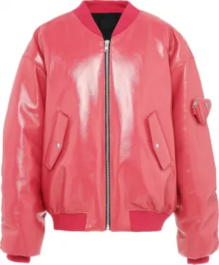 Pink Leather Oversized Bomber Jacket