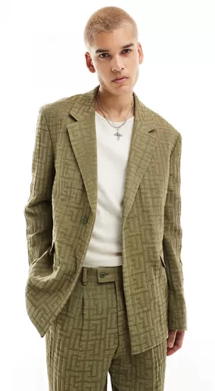 Malacia Checked Oversized Suit Jacket in Khaki