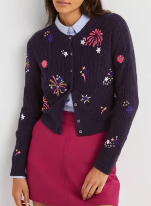 Navy Fireworks-Embellished Ribbed Cardigan