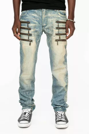 Motorcycle Zippers Slim Jeans in Light Blue Wash