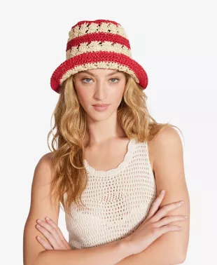 Red/Natural Striped Crochet Straw Bucket Hat