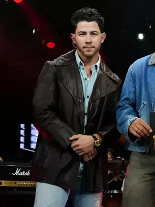 Nick Jonas Dodgers VS Toronto Brown Leather Coat