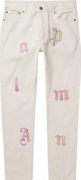 White & Rainbow Logo Letter Jeans