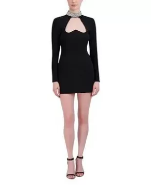 Long Sleeve Mock Neck Mini Evening Dress with Beaded Collar