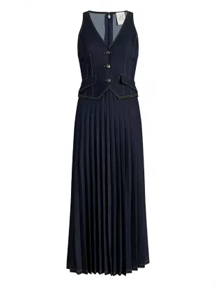 Pleated Denim Waistcoat Dress