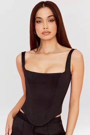 'Rafa' Black Satin Longline Corset