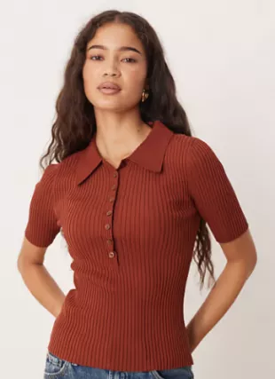 Rib Short Sleeve Polo Sweater