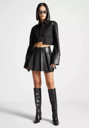 Juliette in Black Leather Pleated Skort