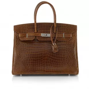 Miel Birkin 35 In Shiny Porosus Crocodile Leather With Palladium Hardware