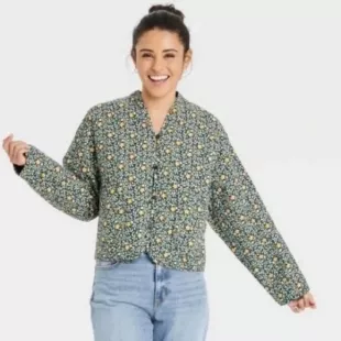 Floral Print Button Up Quilted Green Jacket