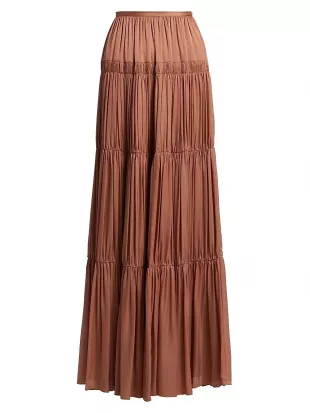 Gaelle Tiered Silk Satin Maxi Skirt