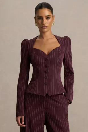 Lana Burgundy Pinstripe Woven Sweetheart-Neck Tailored Top