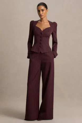Asteria Burgundy Pinstripe Wide-Leg Trousers