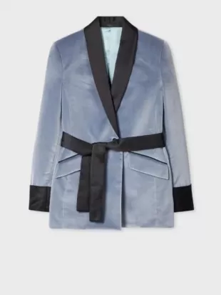 Claudia Winkleman Blue Velvet Belted Blazer
