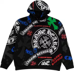 Black Allover Stencil Logos Hoodie