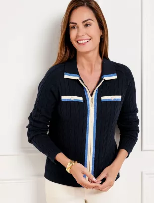 Cable Knit Sweater in Toasted Coconut/Indigo