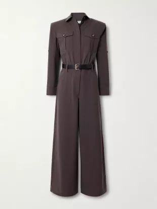 Belted leather-trimmed twill jumpsuit