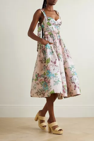 Matchmaker Belted Floral-Print Linen And Silk-blend Midi Dress In Pink Barkcloth Print