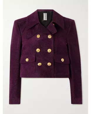 Double-Breasted Metallic Tweed Jacket in Purple