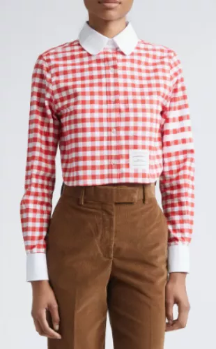 4-Bar Gingham Check Flannel Crop Button-Up Shirt