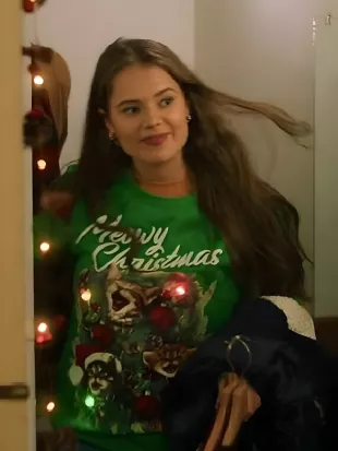 A Royal Icing Christmas Ellise Roth Cat Graphic Green Sweater