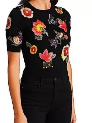 Good Morning America Rebecca Jarvis Black Floral Embroidered Sweater