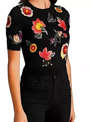 Good Morning America Rebecca Jarvis Black Floral Embroidered Sweater