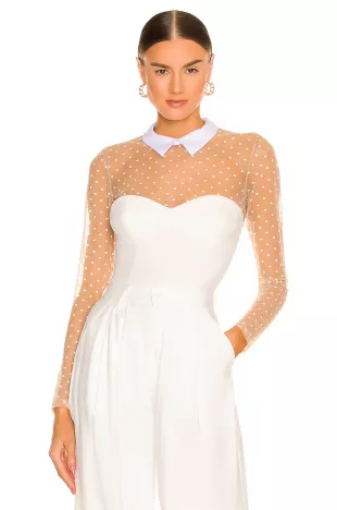 Collared Bodysuit With Dotted Tulle
