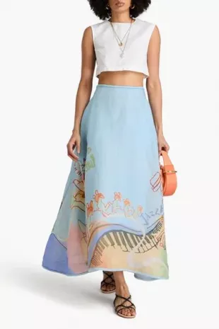 Printed Linen and Silk-blend Maxi Skirt