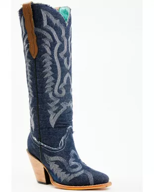 Denim Embroidered Tall Western Boots