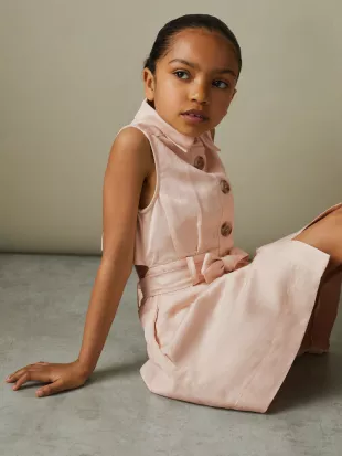 Pink Milena 9-13 yrs Viscose-Linen Belted Collared Dress