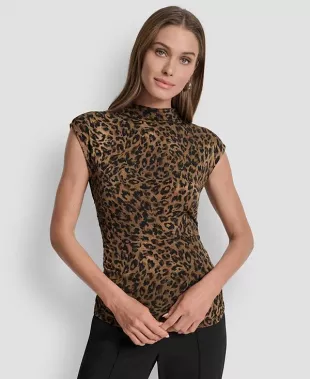 Printed Mock-Neck Cap-Sleeve Top