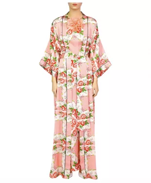 Long Rose Printed Sink Satin Robe