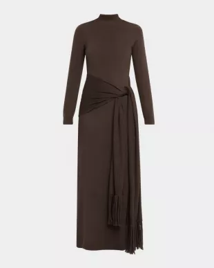 Mock-Neck Long-Sleeve Wrap-Sash Midi Dress