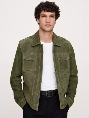 Suede Trucker Jacket in Light Pine Green
