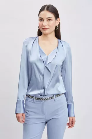 Silk Satin Contour Ruffle Shirt in Blue Haze