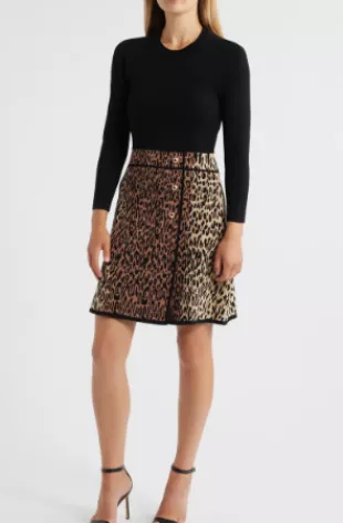 Jacquard Leopard Mock Neck 3/4 Sleeve Knit Bodice Sweater Dress