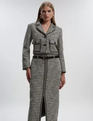 Textured Tweed Belted Tailored Pencil Skirt