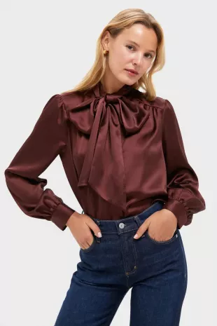 Chocolate Satin Brianna Bow Blouse