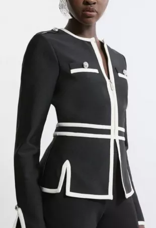 Figure Form Bandage Military Contrast Piping Knit Split Hem Jacket