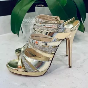 Metallic Gold Leather and Coarse Glitter Cage Open Toe Sandals