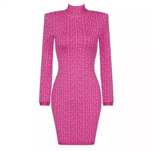 DupeCelebrity Woman Bodycon Bandage Dress Sexy Hot Pink Jacquard Full Sleeves